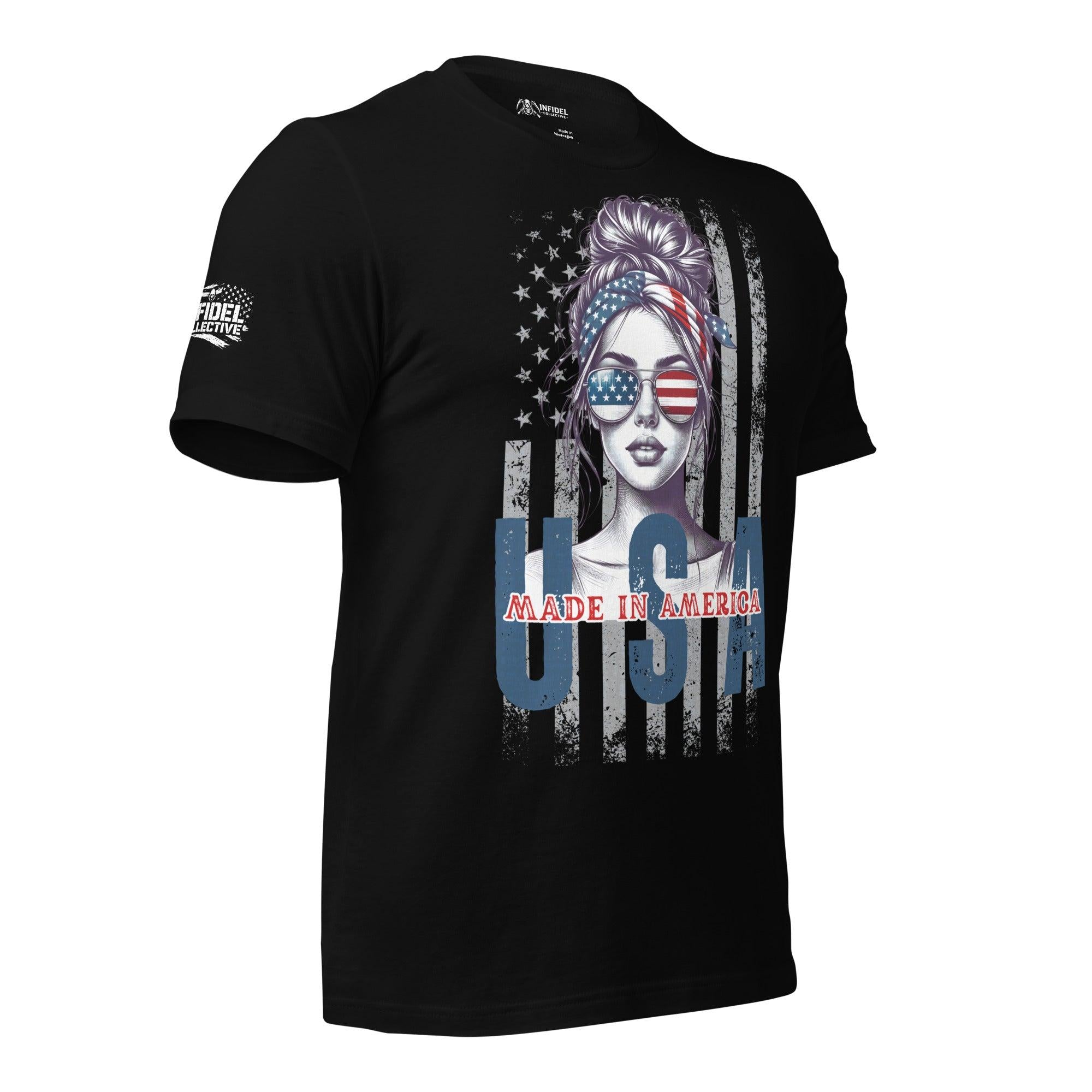 Patriotic T-Shirt: Aviator Babe USA Flag Graphic Tee in Black  Infidel Collective