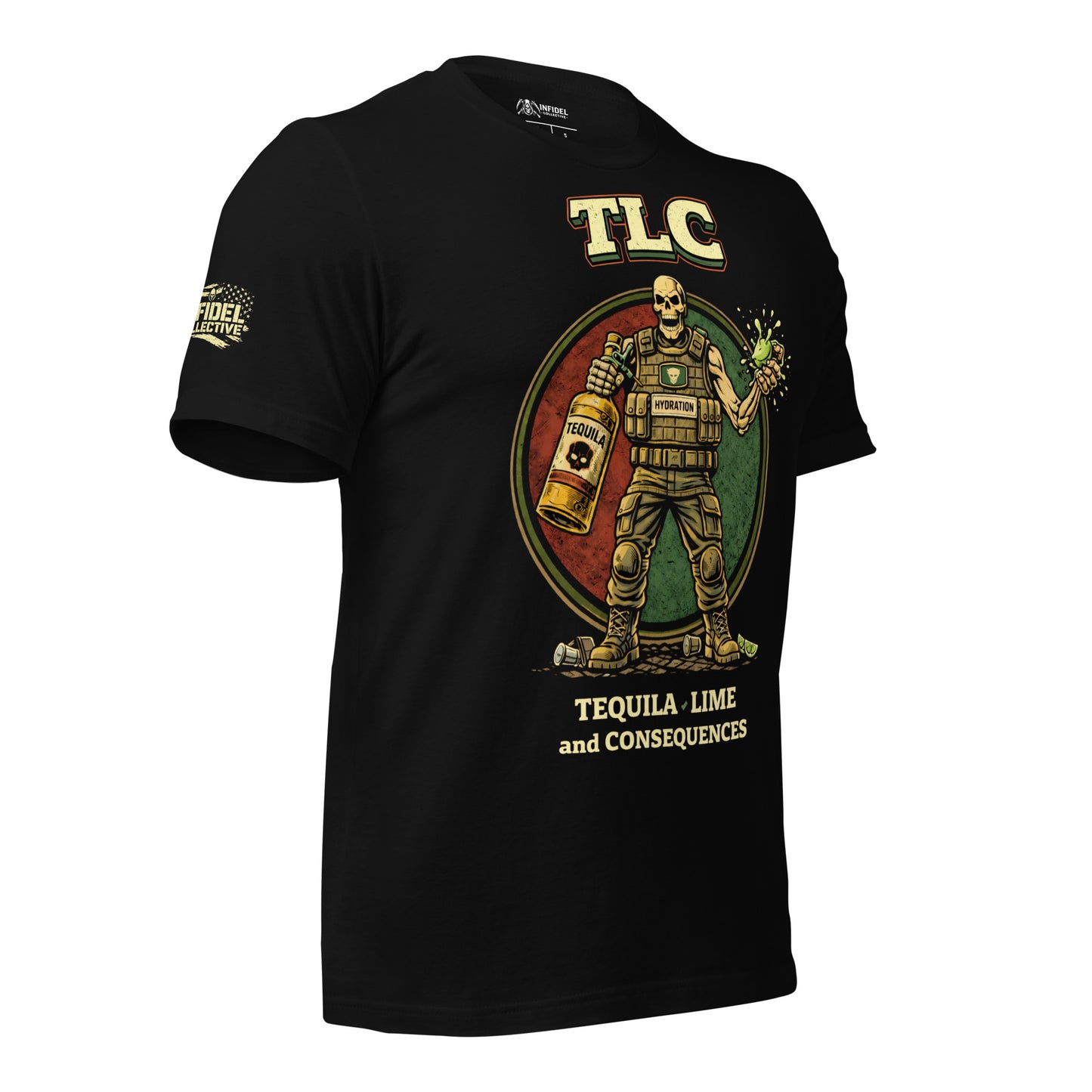 Black t-shirt with graphic design and text on a white background