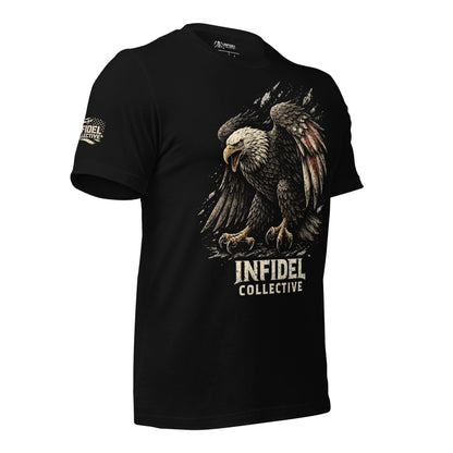 Black t-shirt with an eagle graphic and 'Infidel Collective' text on a white background