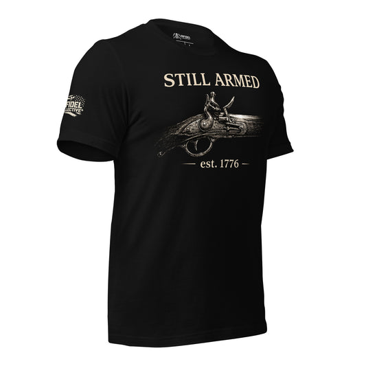 Black t-shirt 'STILL ARMED' and 'est. 1776' .