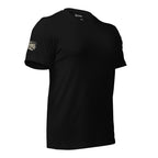 Black t-shirt with skull design and text on an American flag background