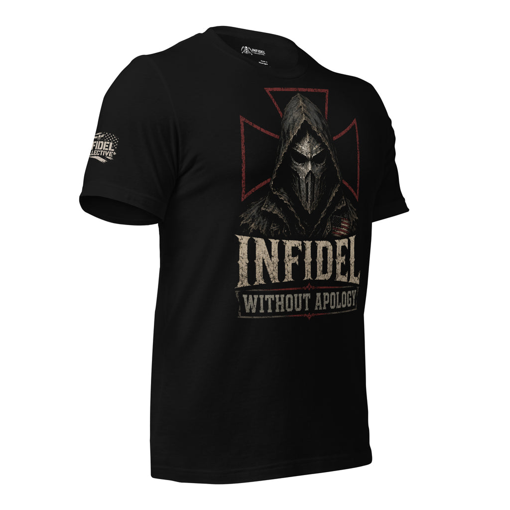 Infidel Without Apology hooded death mask front print black tee from Infidel Collective