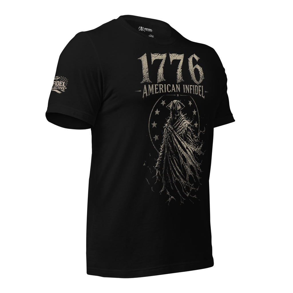 Right-front view of black tee featuring Whispers of 1776 American Infidel cloaked patriot
