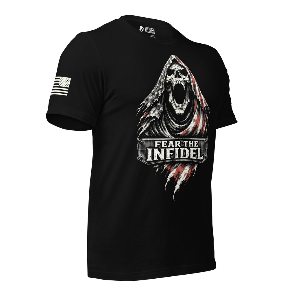Right-front angled view of black Fear the Infidel tee with screaming hooded skull