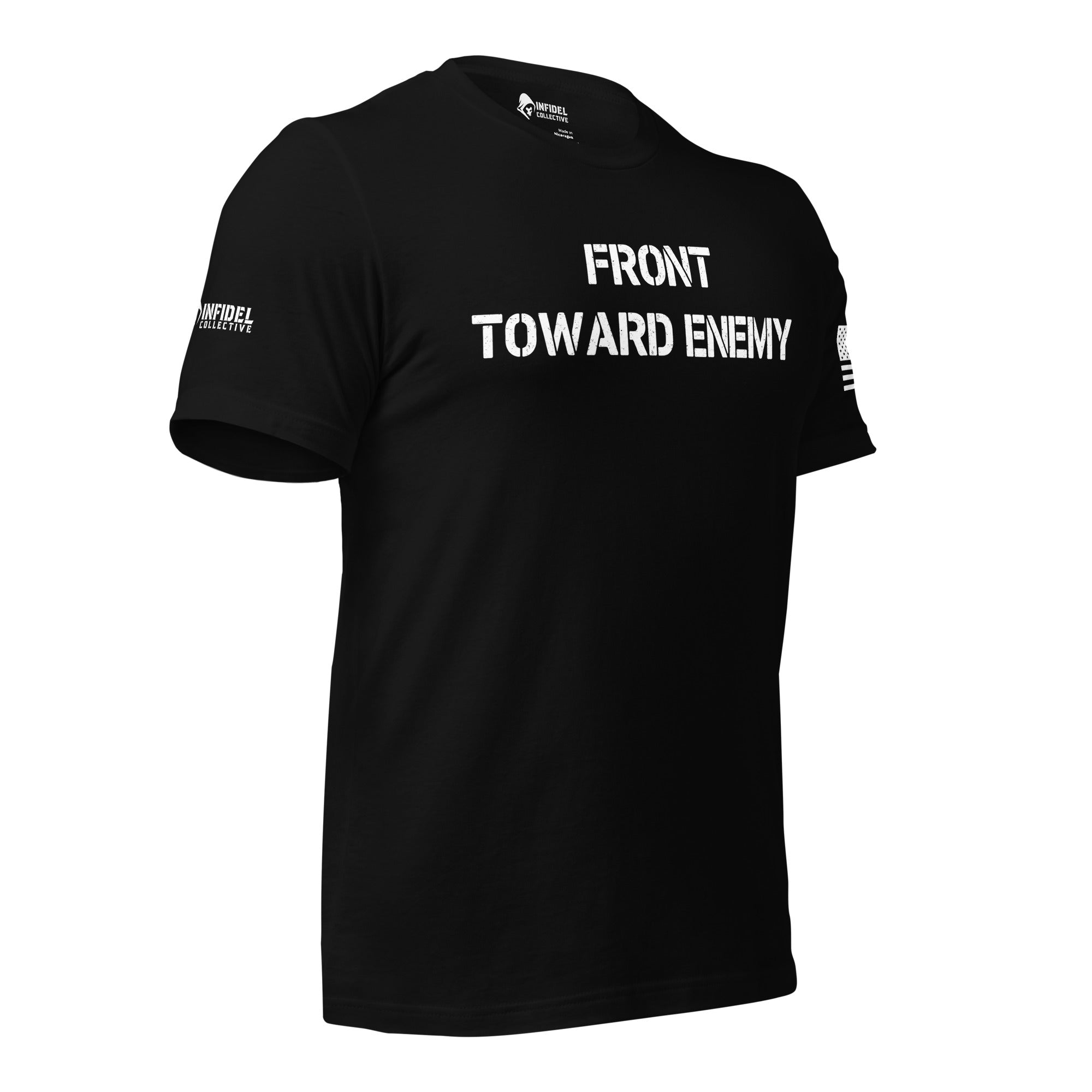 Right-front angled view of black Front Toward Enemy tee