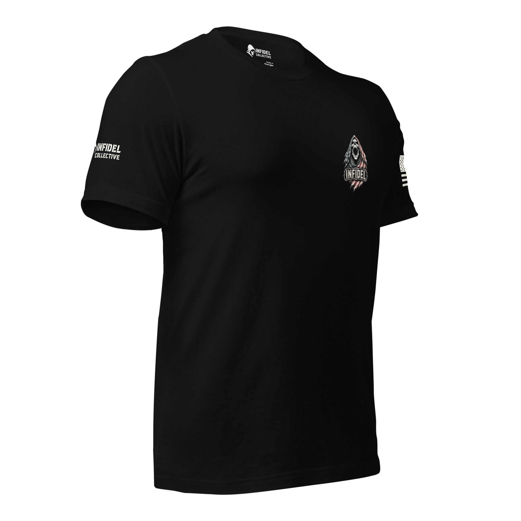 Right-front angled view of black tee with small Fear the Infidel hooded skull chest print