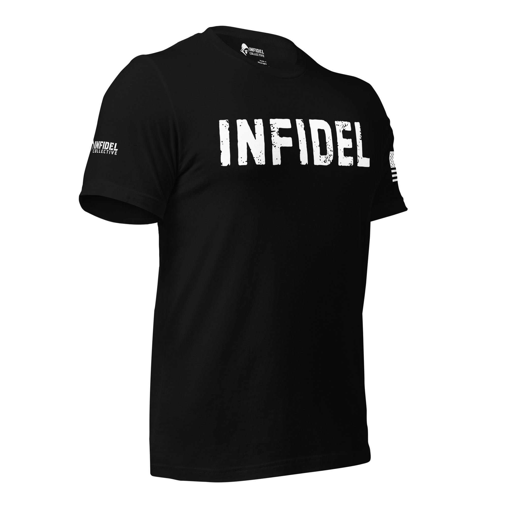 Right-front angled view of black tee with large white “INFIDEL” front print