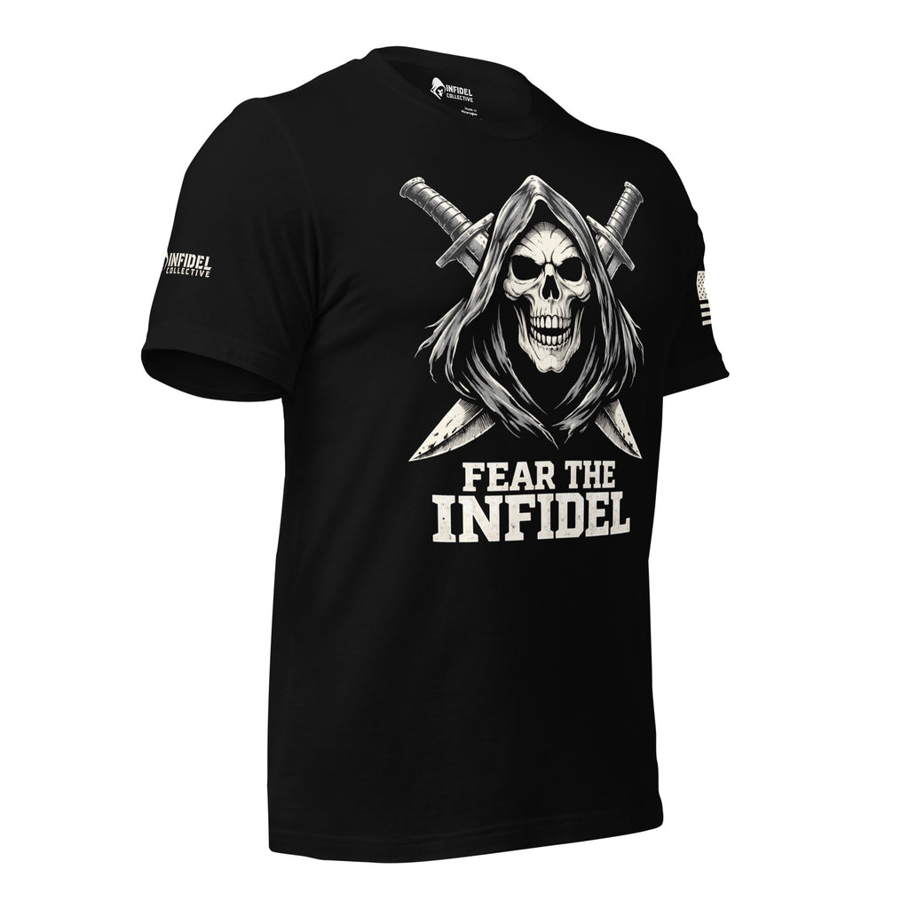 Right-front angled view of black Fear the Infidel tee with hooded skull and crossed swords