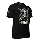 Right-front angled view of black Fear the Infidel tee with hooded skull and crossed swords
