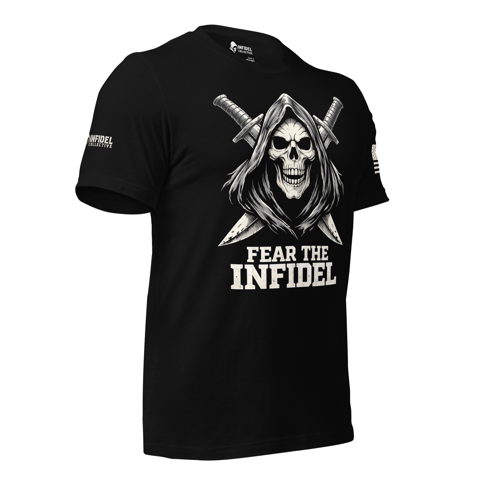 Right-front angled view of black Fear the Infidel tee with hooded skull and crossed swords