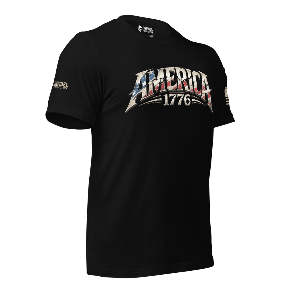 Right-front angled view of black America 1776 flag lettering tee