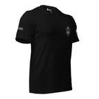 Right-front angled view of black tee with small Kafir skull and cross chest print