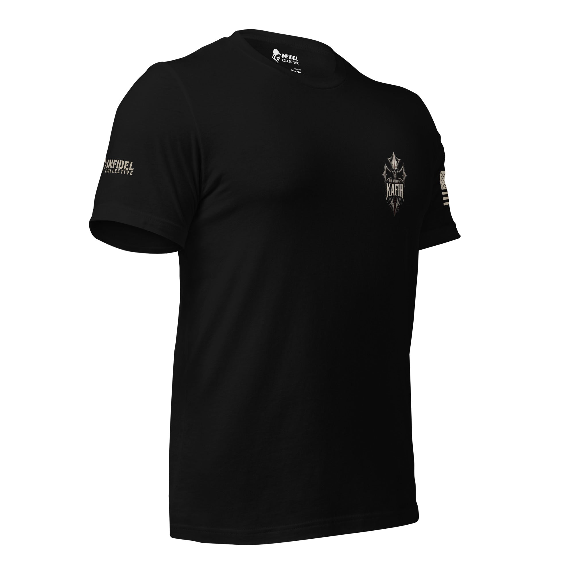 Right-front angled view of black tee with small Kafir skull and cross chest print