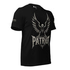 Right-front angled view of black Patriot tee with spread-wing eagle and flag shield
