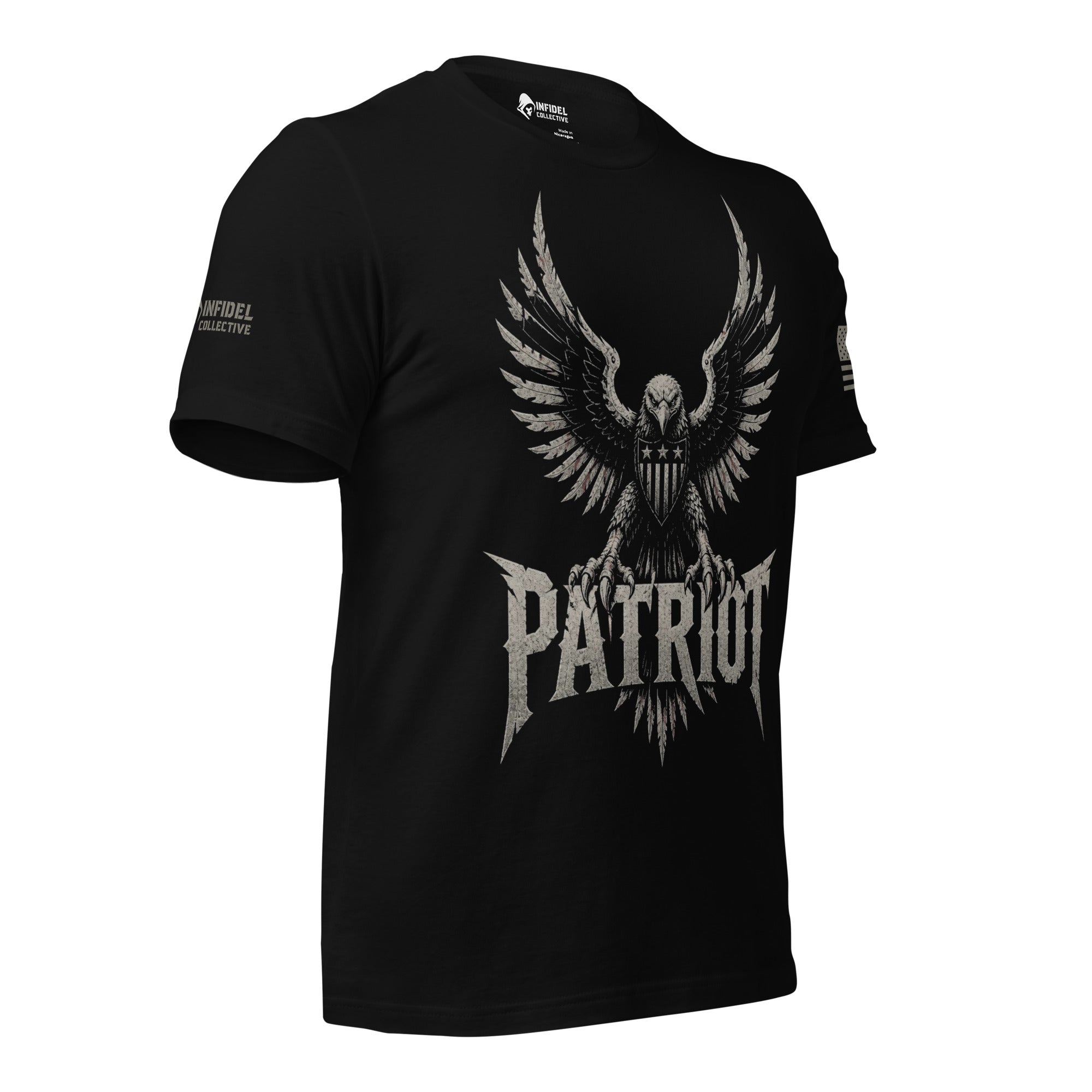 Right-front angled view of black Patriot tee with spread-wing eagle and flag shield