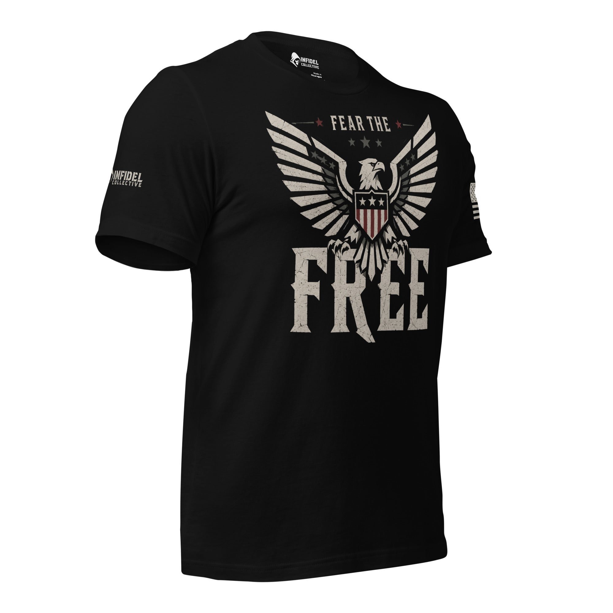 Right-front angled view of black Fear the Free tee with eagle and flag shield
