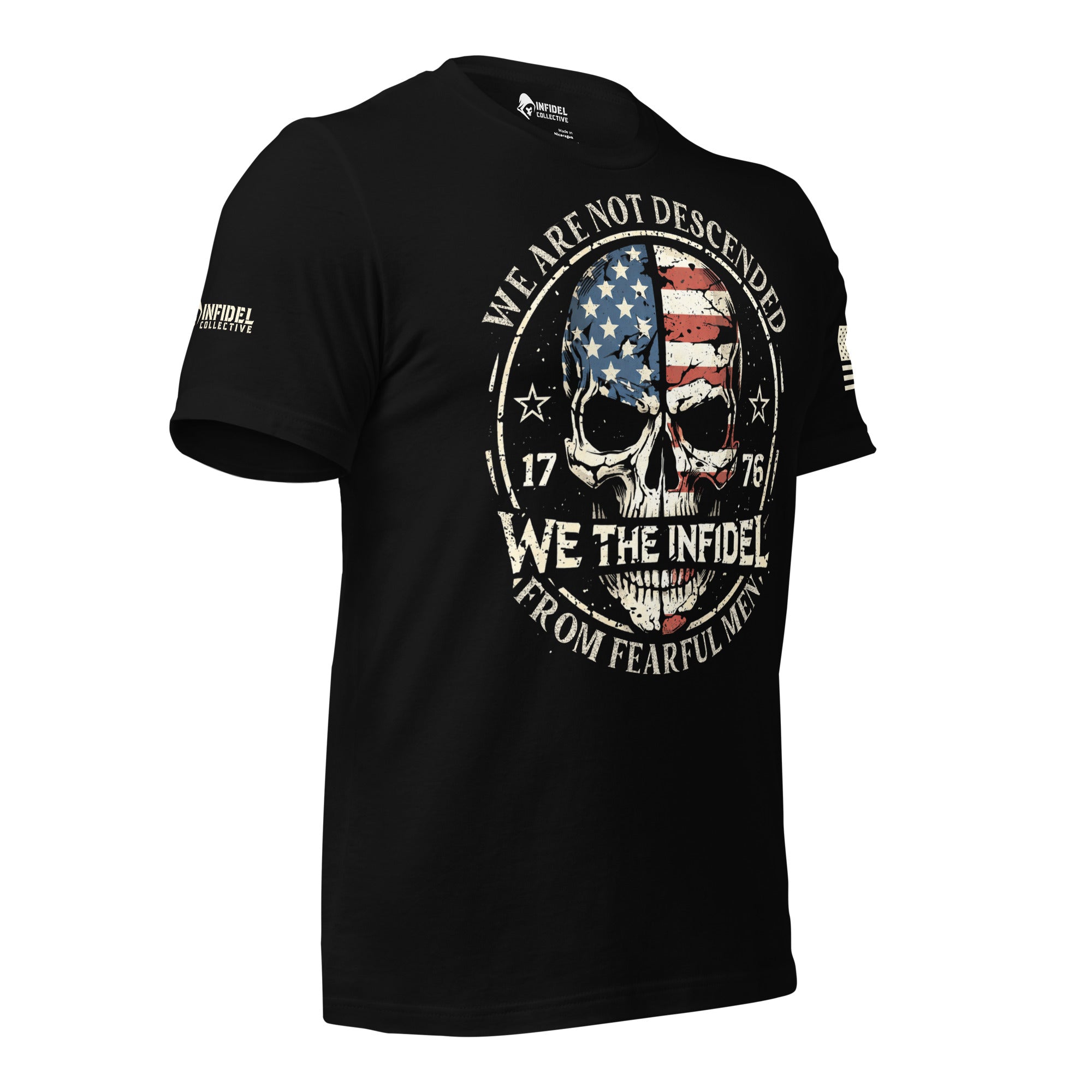 Right-front angled view of black We the Infidel tee with American flag skull and “1776”