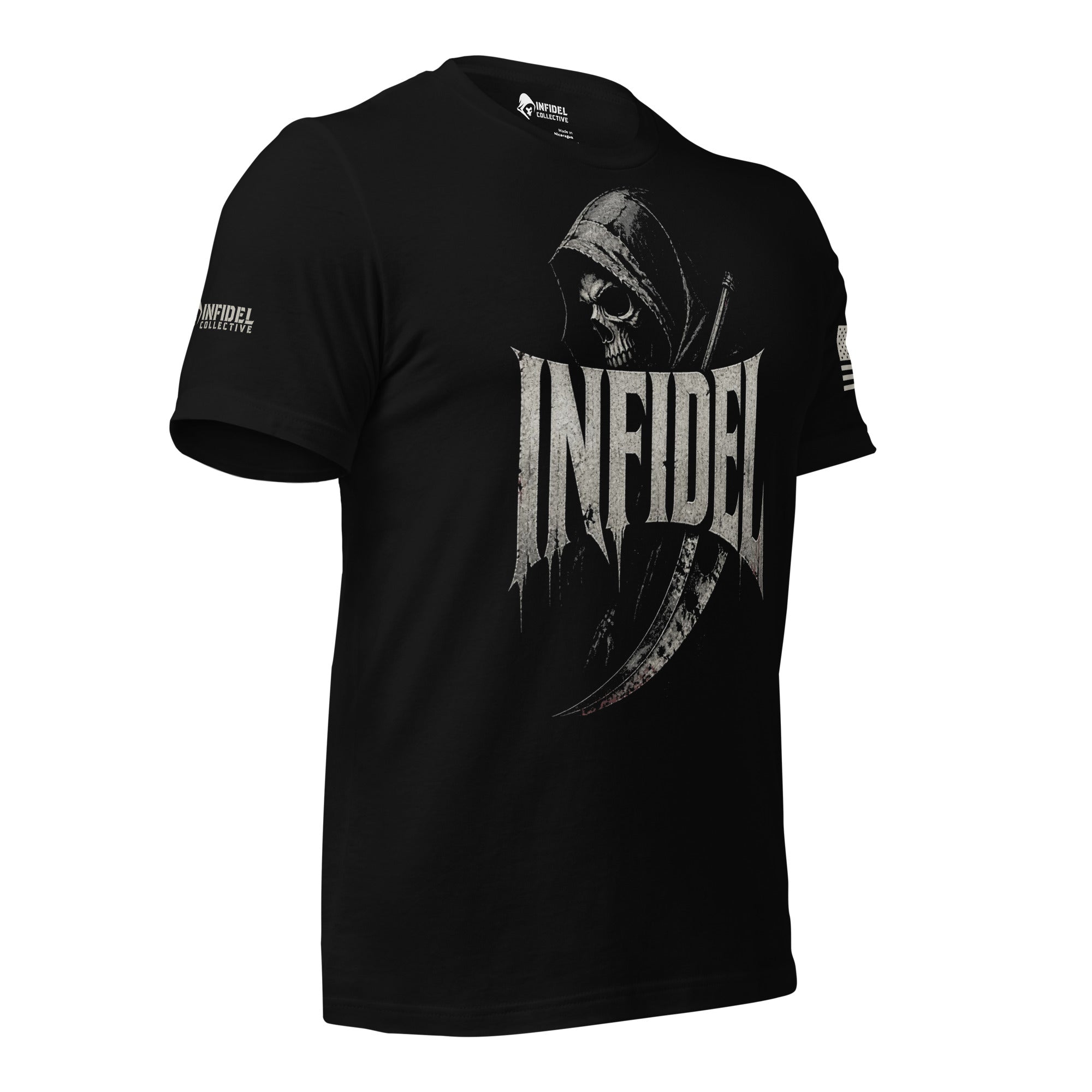 Right-front angled view of black Infidel tee with hooded reaper and scythe