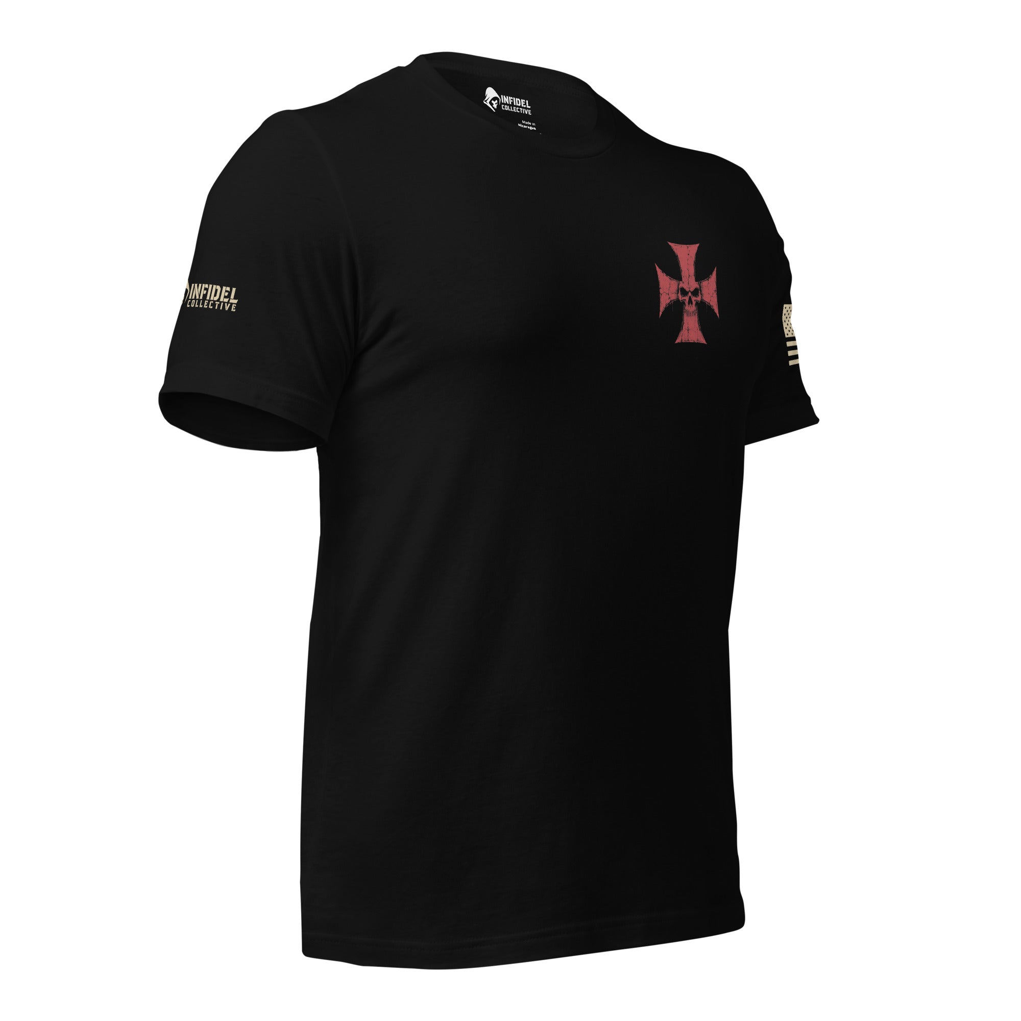 Right-front angled view of black tee with small red cross and skull chest print