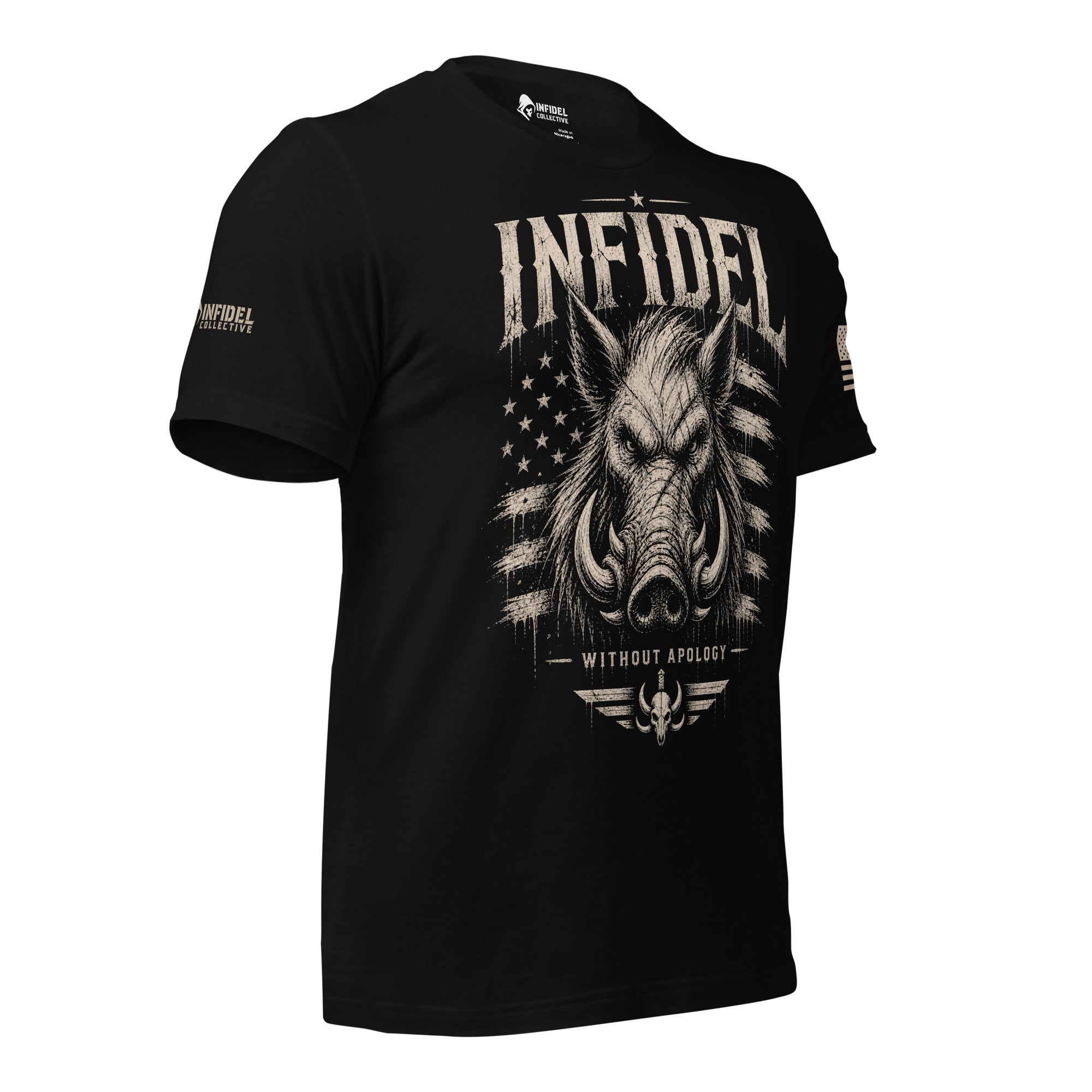 Right-front angled view of black Infidel War Pig tee with boar and distressed stars and stripes