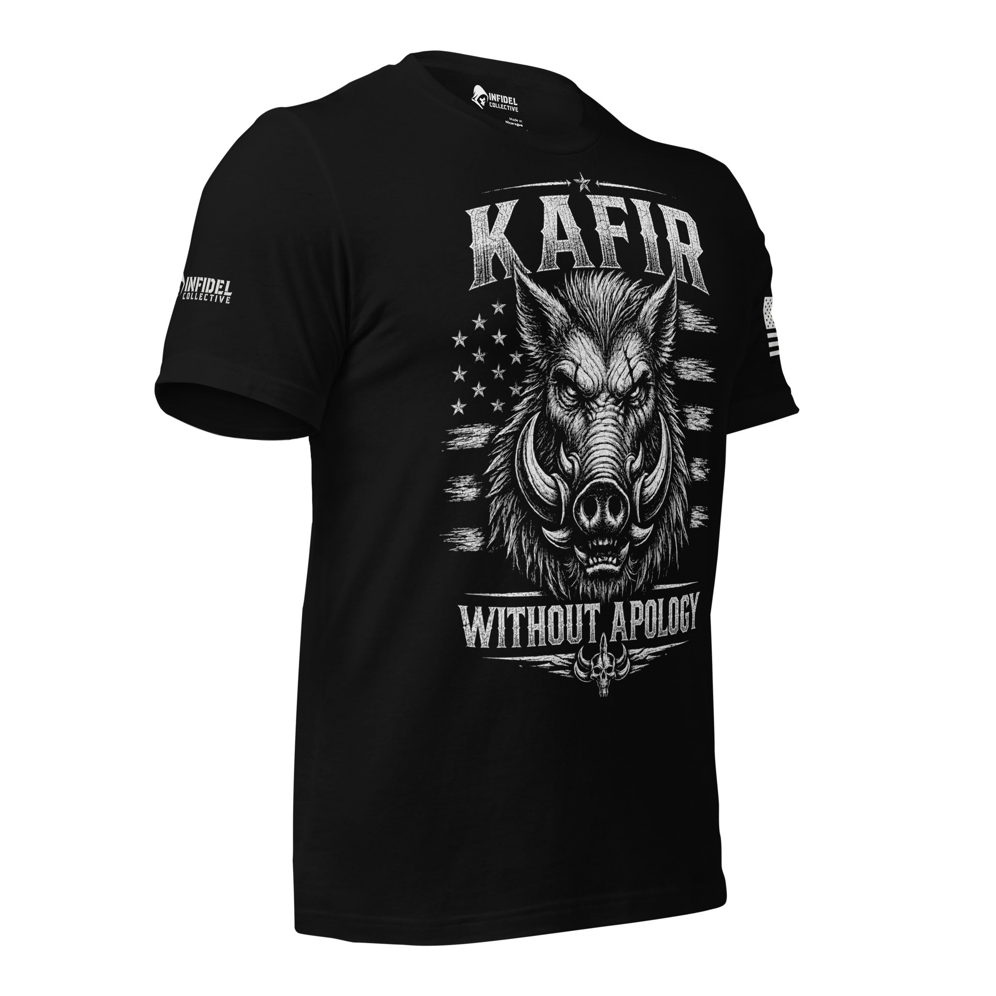 Right-front angled view of black Kafir tee with boar and distressed stars and stripes