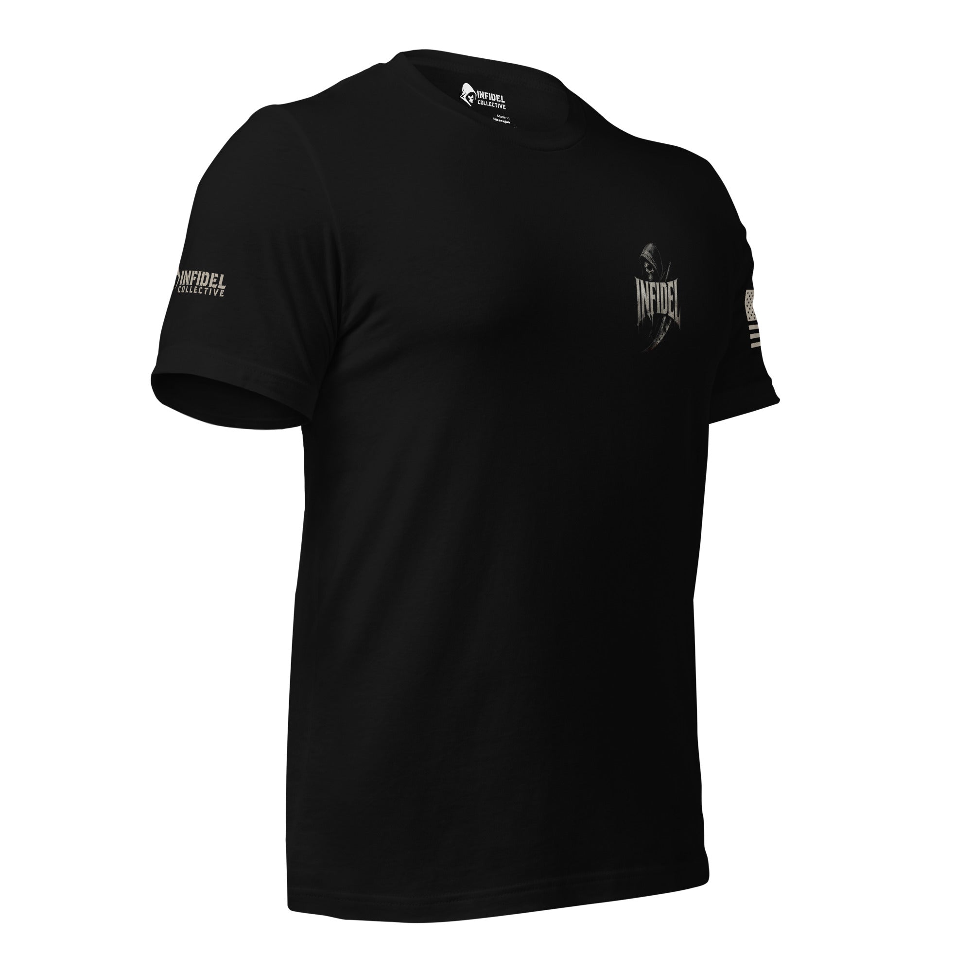 Right-front angled view of black tee with small hooded reaper and “INFIDEL” chest print