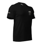 Right-front angled view of black tee with small Infidel knight chest crest
