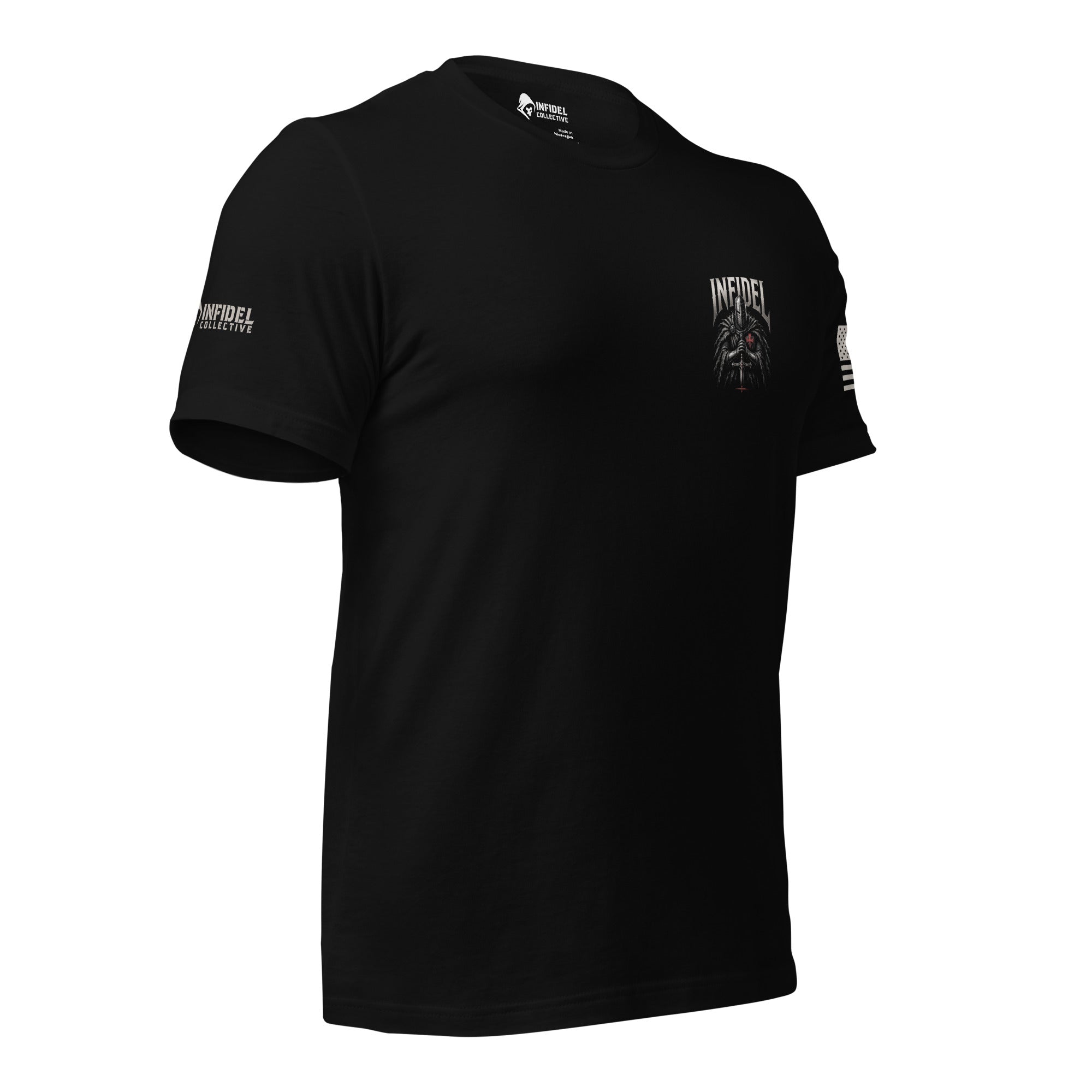 Right-front angled view of black tee with small Infidel knight chest crest