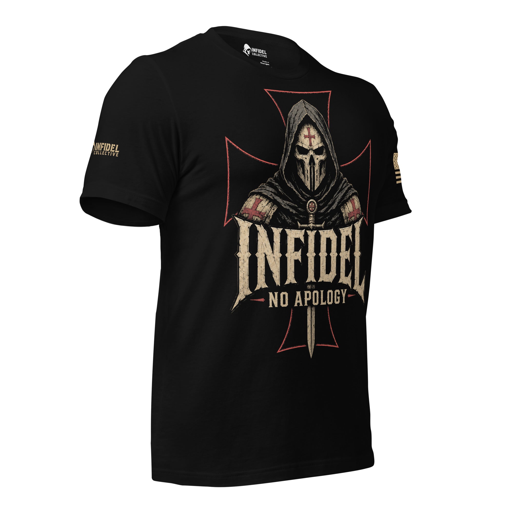 Right-front angled view of black Infidel No Apology tee with hooded death mask graphic