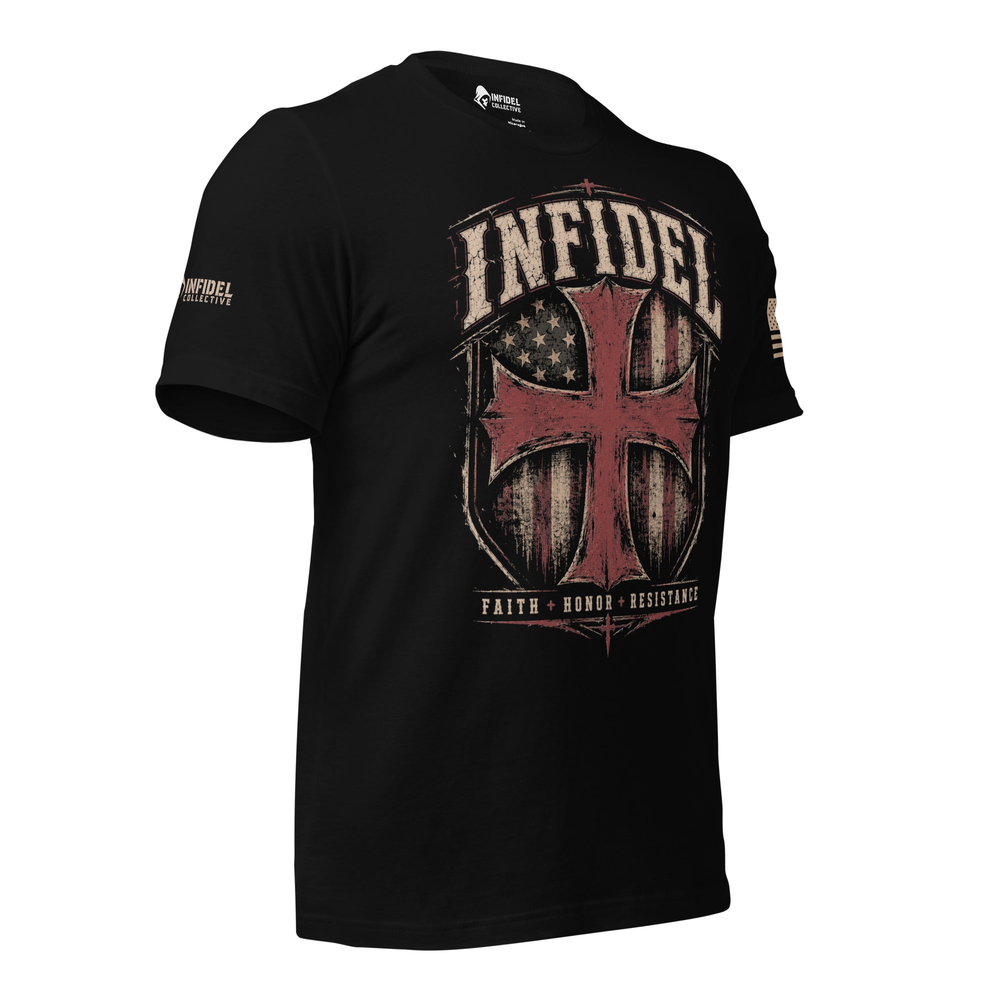 Right-front angled view of black Infidel tee with American flag shield and red cross