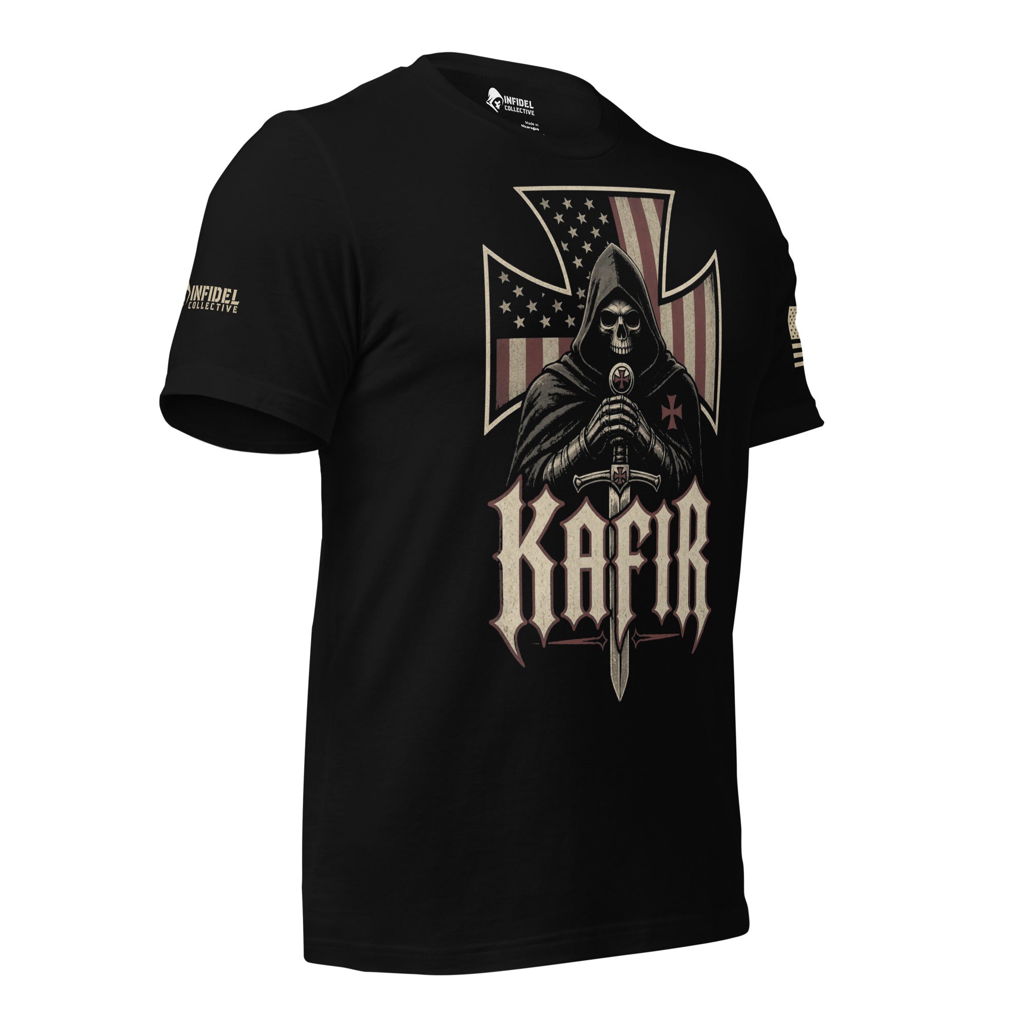 Right-front angled view of dark navy Kafir tee with hooded knight and American flag cross