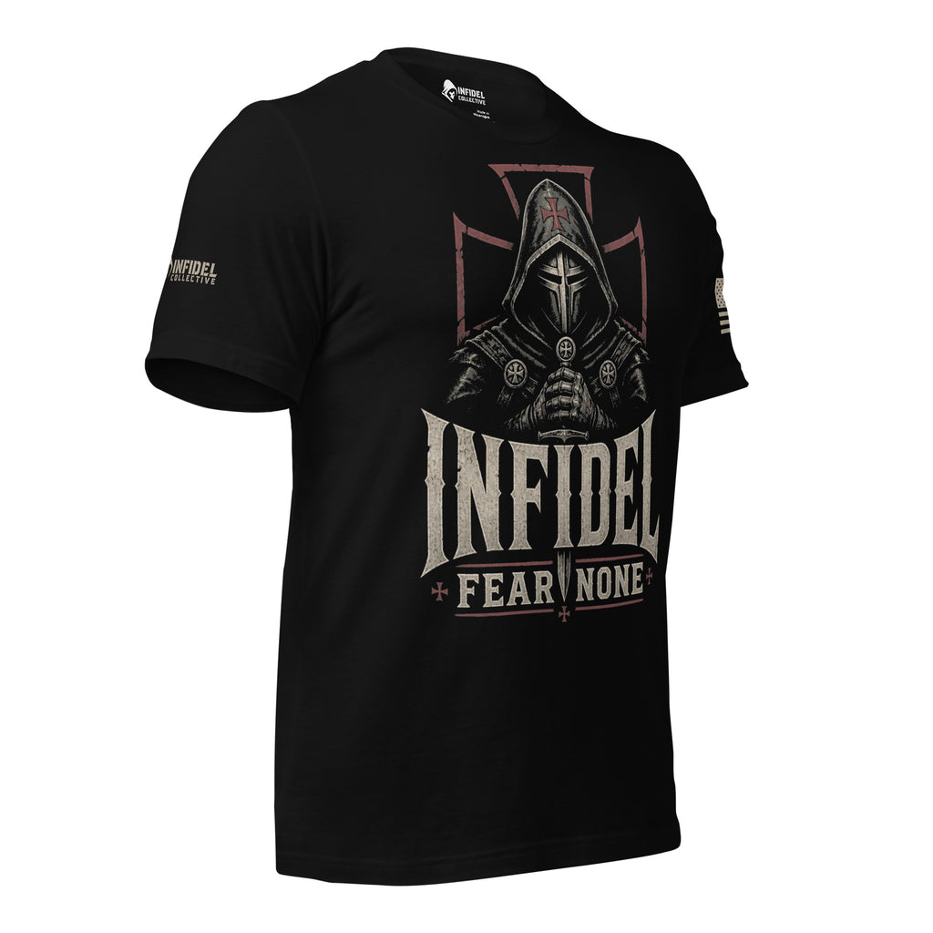 Right-front angled view of black Fear None tee with hooded knight and red outlined cross