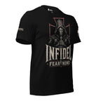 Right-front angled view of black Fear None tee with hooded knight and red outlined cross