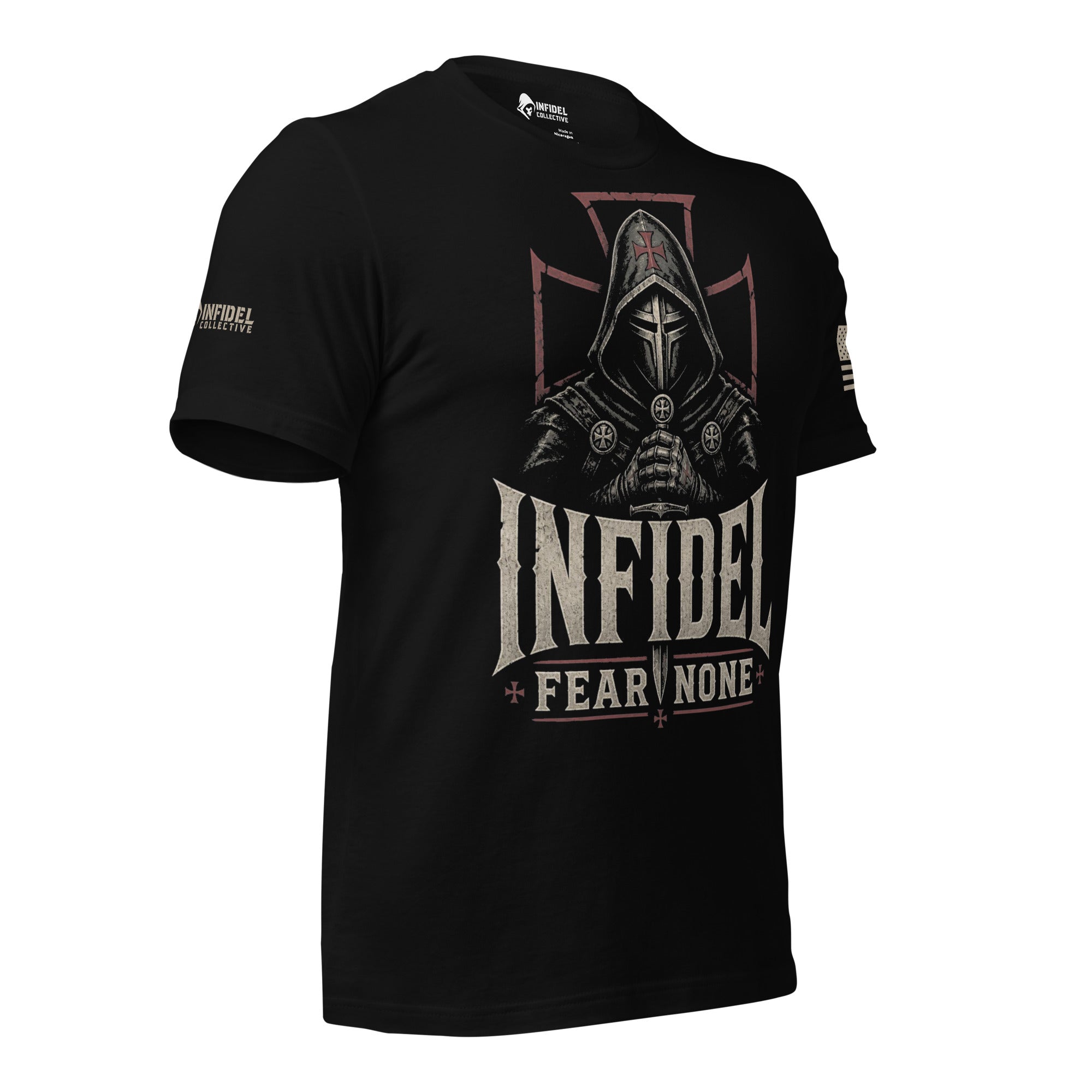 Right-front angled view of black Fear None tee with hooded knight and red outlined cross