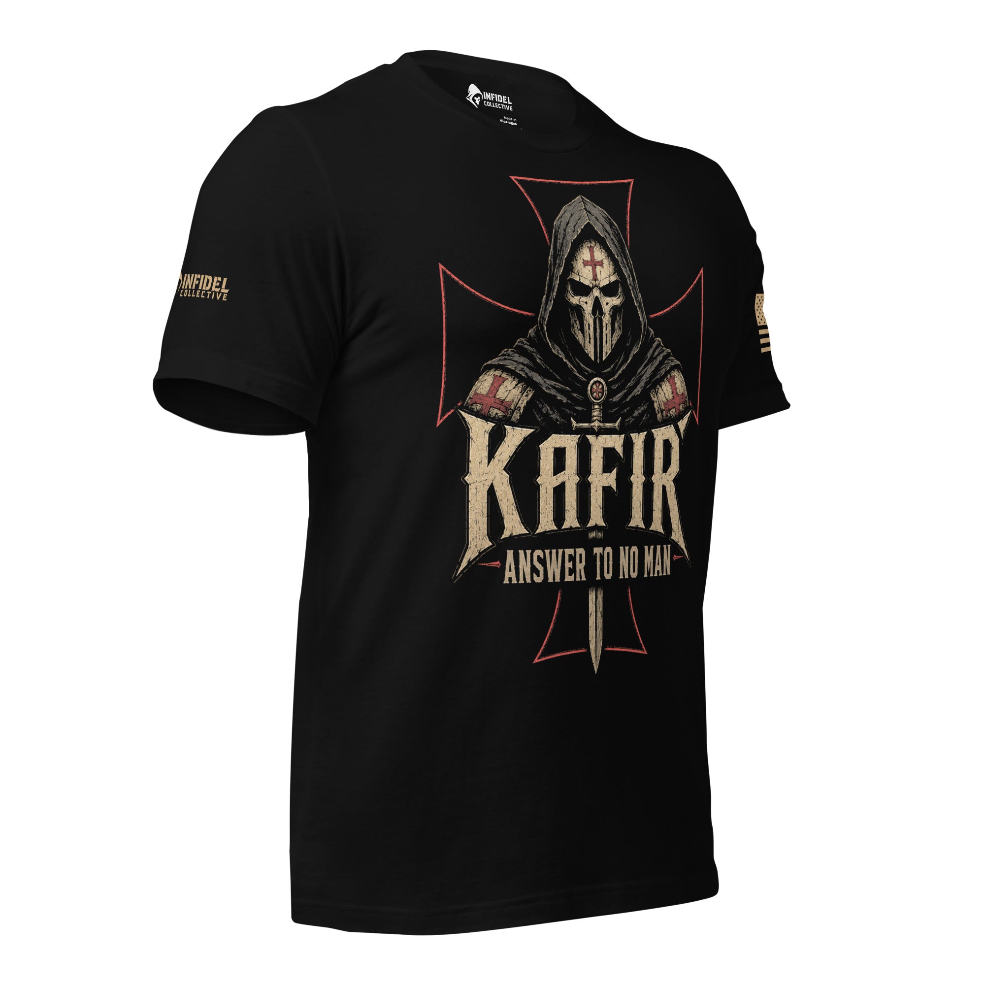 Right-front view of heather black tee featuring Kafir Answer to No Man hooded crusader death mask