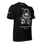 Front left view of black tee featuring Sovereign Rights Protect rattlesnake and skulls