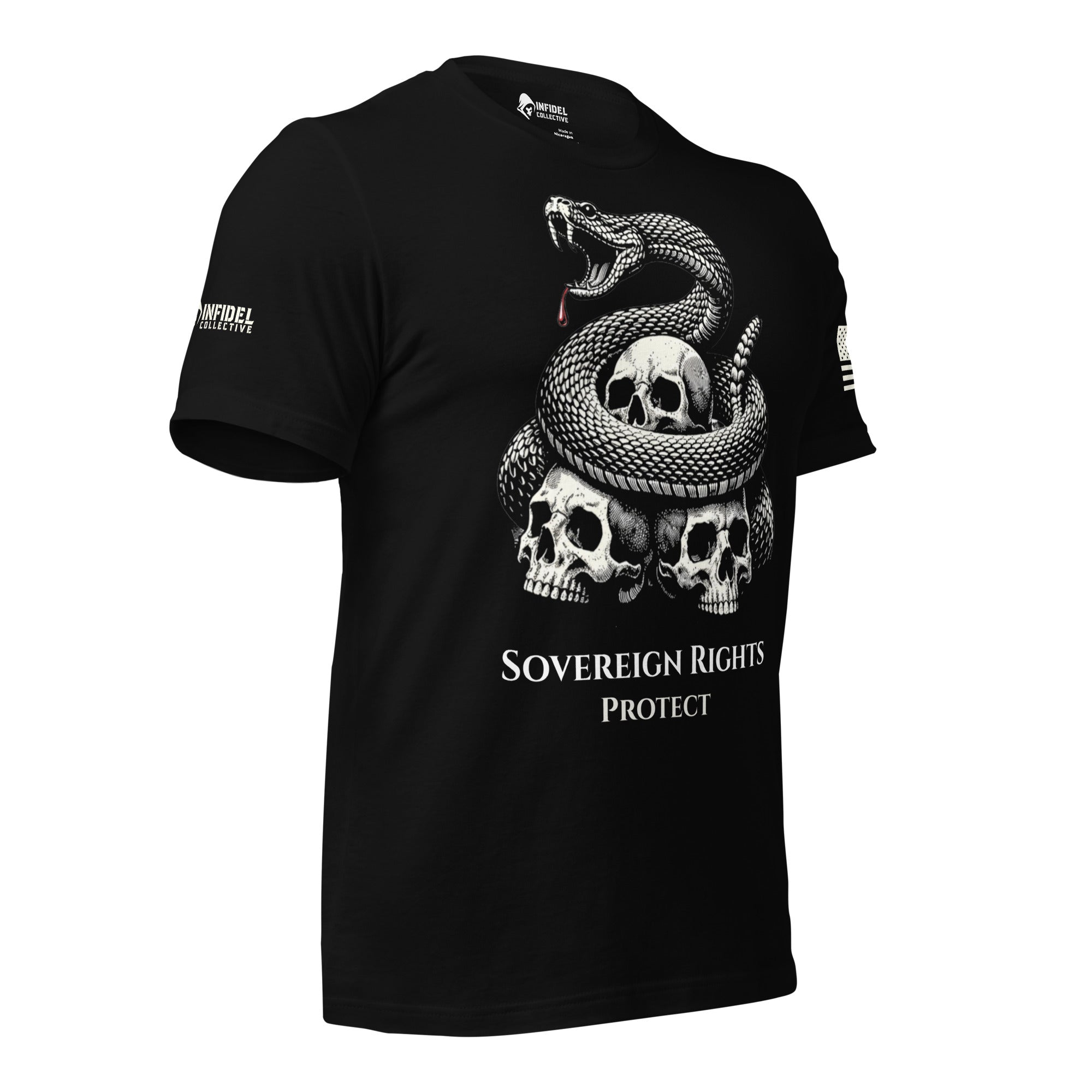 Front left view of black tee featuring Sovereign Rights Protect rattlesnake and skulls