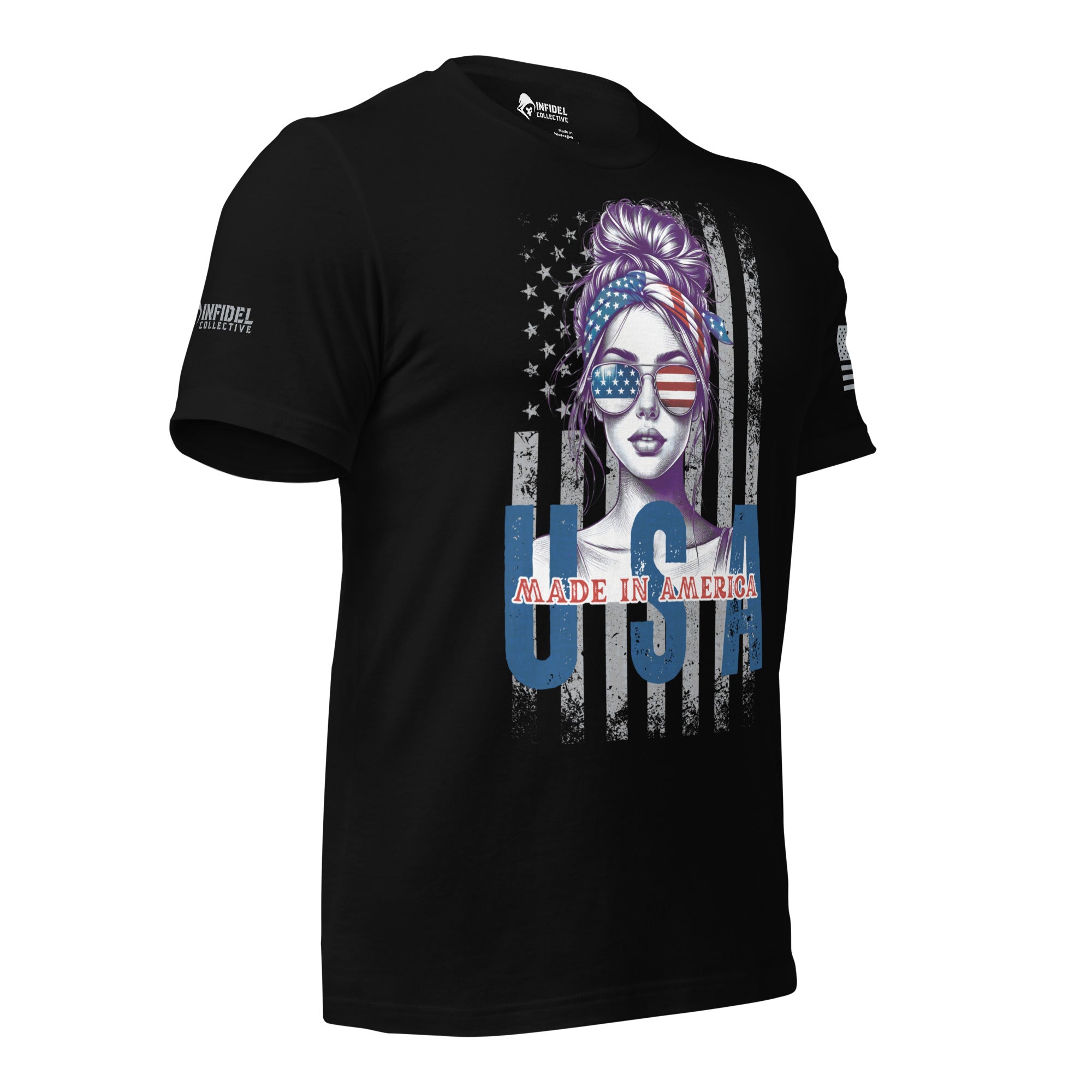 A black short-sleeve t-shirt with a patriotic graphic on the front featuring a stylized woman's face with an American flag headband and sunglasses, set against a distressed American flag background with 'USA MADE IN AMERICA' text. The brand 'INFIDEL COLLECTIVE' is visible on the right sleeve.