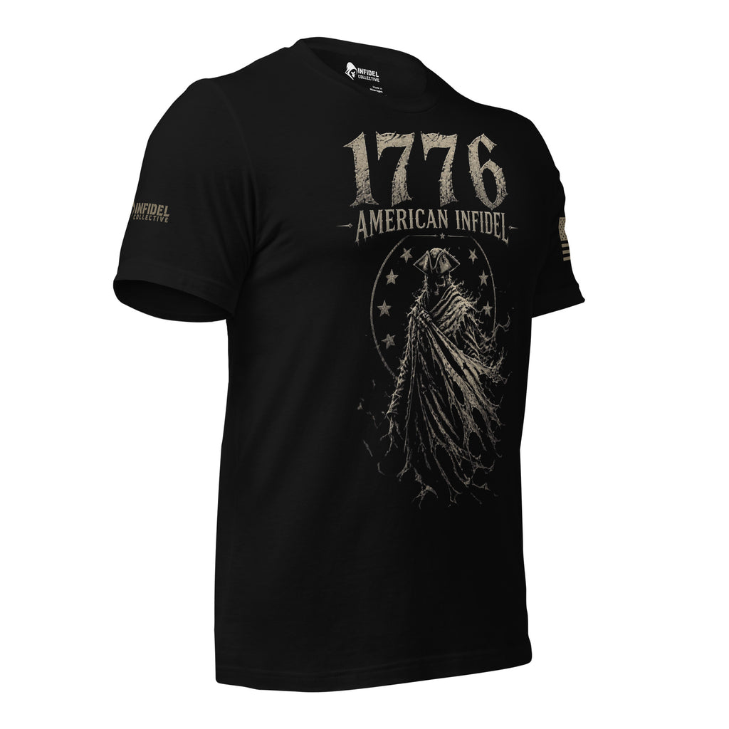 Right-front view of black Whispers of 1776 American Infidel tee