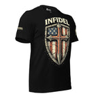 Right-front view of black tee featuring the Cross My Infidel Heart flag shield graphic