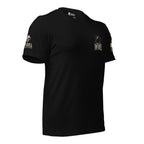 Black short-sleeve t-shirt shown from the front, featuring a large graphic of a hooded grim reaper holding a scythe with the text 'FEAR THE INFIDEL' in distressed white lettering on pocket position on front of the tee and INFIDEL COLLECTIVE on the right sleeve. The shirt is displayed against white background.