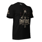 A black short-sleeve t-shirt with a large graphic on the front featuring a hooded figure and the word 'INFIDEL' in distressed lettering, with additional text and graphics on the sleeves, shown on a plain white background.