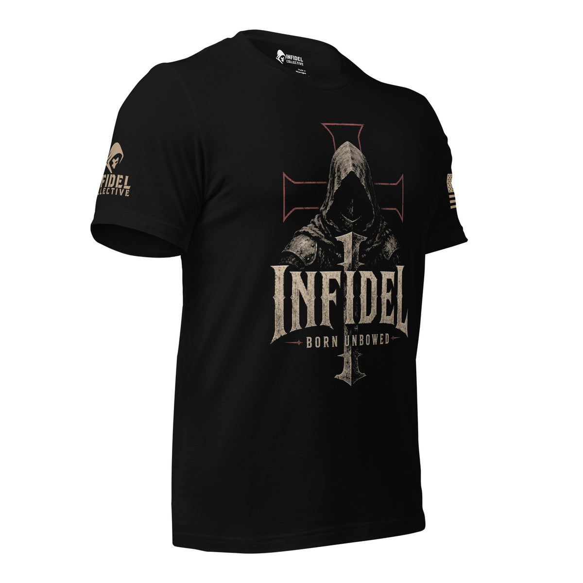 A black short-sleeve t-shirt with a large graphic on the front featuring a hooded figure and the word 'INFIDEL' in distressed lettering, with additional text and graphics on the sleeves, shown on a plain white background.