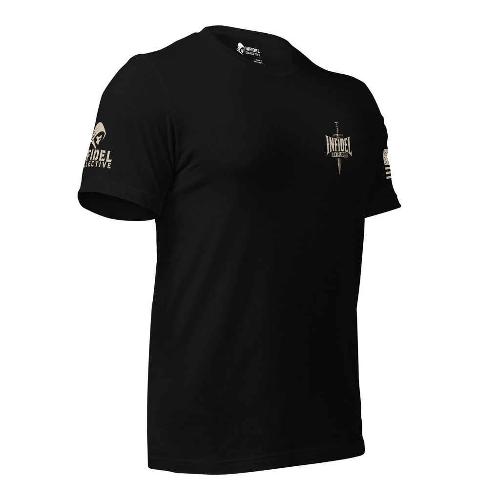 Black short-sleeve t-shirt shown from the front, featuring a small distressed graphic of a dagger behind the word 'INFIDEL' with 'BY BLOOD' underneath. A  brand logo INFIDEL COLLECTIVE on the right sleeve. The shirt is displayed against a white background.