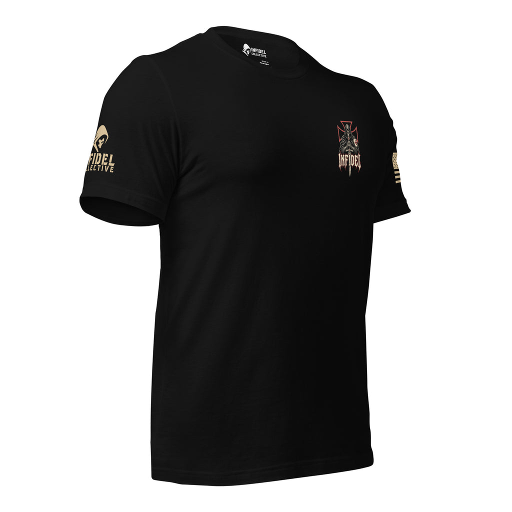 Black short-sleeve graphic T-shirt shown from the front, featuring a grim reaper illustration with a red cross, a sword, and the text 'INFIDEL' with a brand logo "INFIDEL COLLECTIVE" shown on he left sleeve. The shirt is photographed against a white  background.