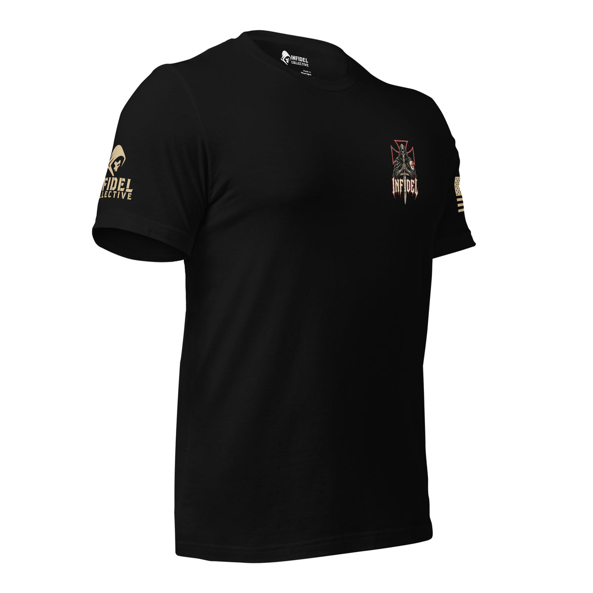 Black short-sleeve graphic T-shirt shown from the front, featuring a grim reaper illustration with a red cross, a sword, and the text 'INFIDEL' with a brand logo "INFIDEL COLLECTIVE" shown on he left sleeve. The shirt is photographed against a white  background.