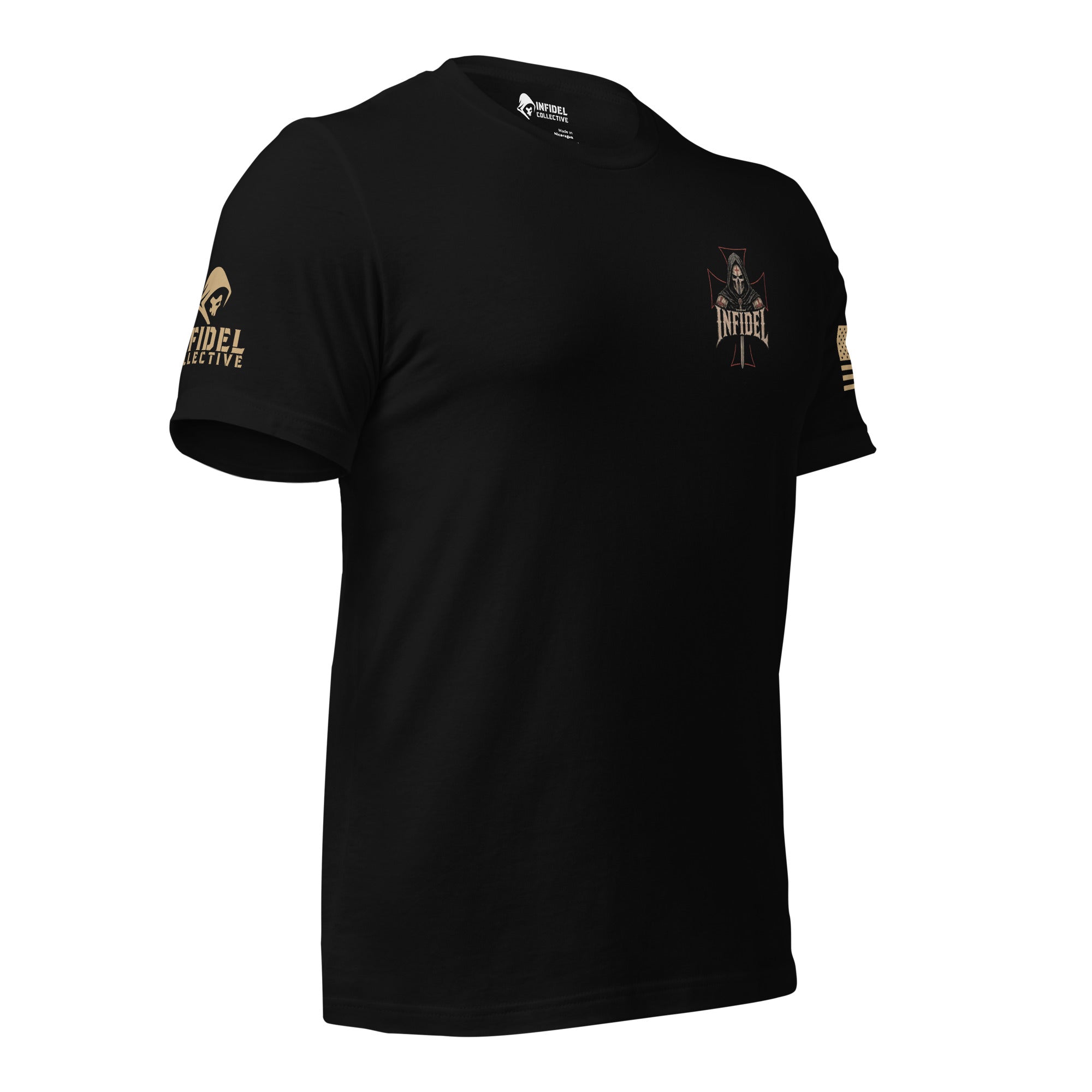 Right-front view of black Death Mask Infidel Never Bow back print tee