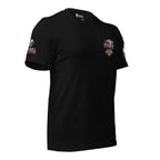 A black short-sleeve t-shirt with a distressed graphic on the left chest featuring a bald eagle and distressed USA flag and the text 'WE THE INFIDEL'. The LEFT sleeve has a distressed American flag graphic, and the RIGHT sleeve has a BRAND "INFIDEL COLLECTIVE" logo.