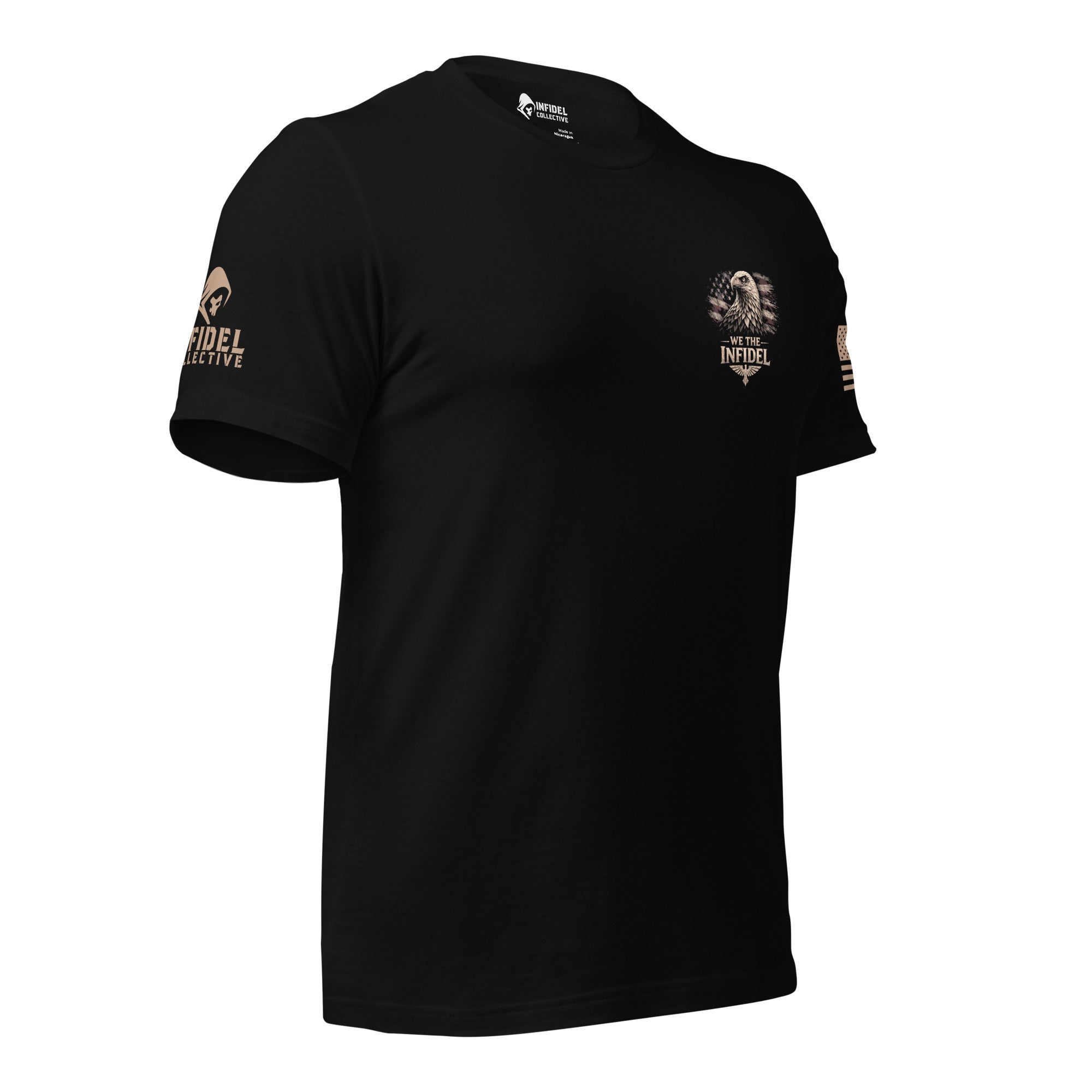 A black short-sleeve t-shirt with a distressed graphic on the left chest featuring a bald eagle and distressed USA flag and the text 'WE THE INFIDEL'. The LEFT sleeve has a distressed American flag graphic, and the RIGHT sleeve has a BRAND "INFIDEL COLLECTIVE" logo.
