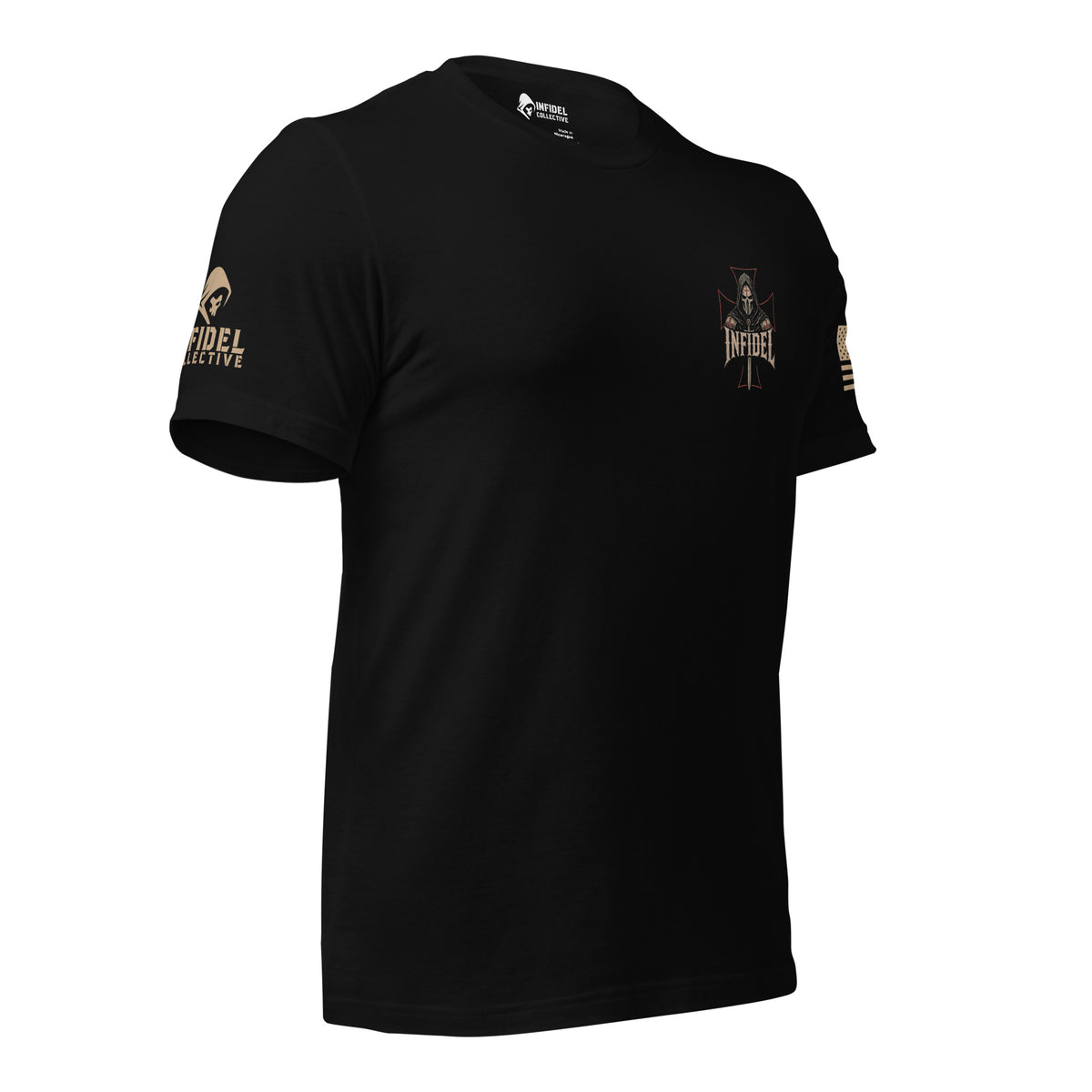 Right-front view of black Death Mask Infidel No Mercy Given back print tee